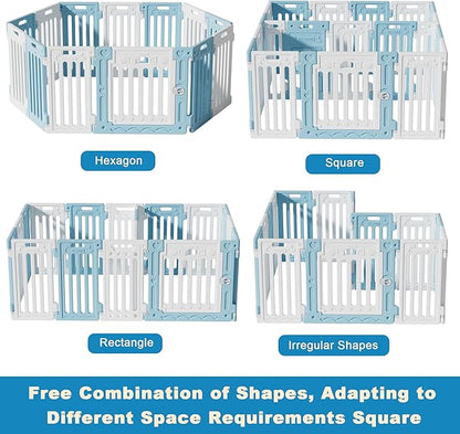 2 Room Dog Playpen with Door,DIY Shape Combination Puppy Pen,16-Panel+2 Link Piece+Large Door+Small Door,25.5" H Dog Fence,Non-Slip&amp;Secure Pet Gate,Easy to Assemble,Blue+White
