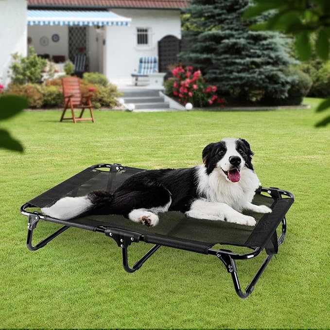 Elevated Dog Bed, Foldable Pet Bed with No Assembly, Cooling Raised Bed with Breathable Mesh, No-Slip Feet Durable Dog Cots Beds for Indoor &amp; Outdoor Use, Black (L:43"x23"x7")