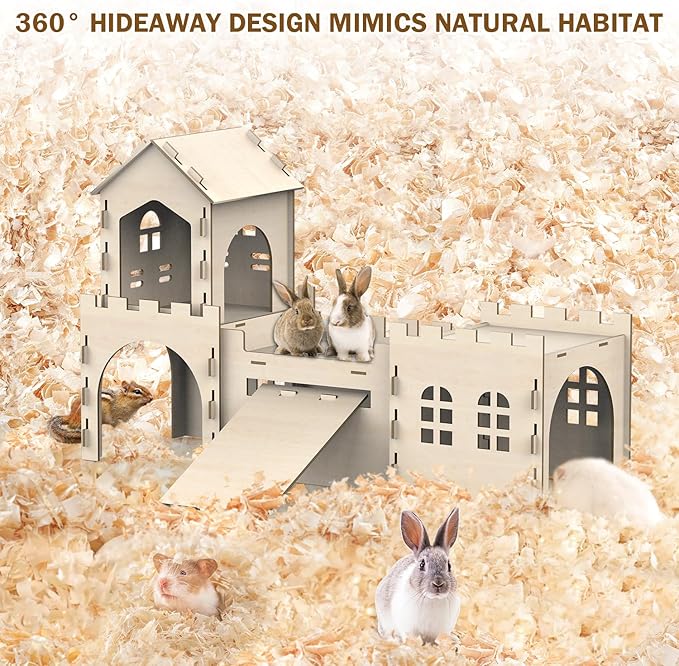 Large Bunny House and Hideouts, Wooden Dual-Layer Rabbit Castle with Stair, Rubber Band-Free Setup - Chew-Proof, Sturdy Habitat for Guinea Pig Chinchilla Ferret (Rabbit House with Tunnels &amp; Tubes)