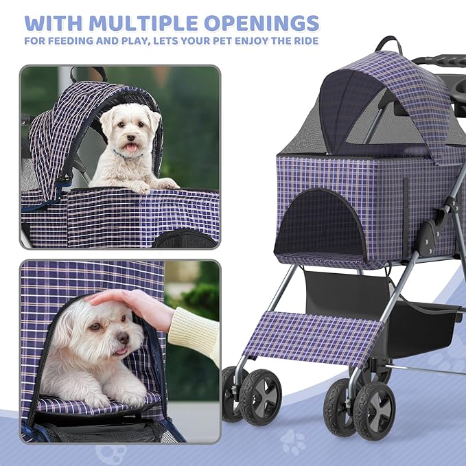 Magshion Foldable Pet Stroller, 3-in-1 Dog Travel Jogger with Detachable Carrier, Cup Holder, Storage Basket, Folding Carrier for Small/Medium Dogs &amp; Cats Up to 33 lbs, Plaid