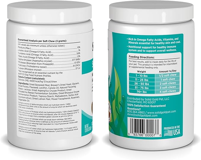 Solid Gold Cat &amp; Dog Multivitamin Chews - Kelp, Omega 3 &amp; Vitamins for Dental, Digestive, Immune, Skin &amp; Coat Health - Multi Vitamin for Dogs &amp; Cats - Sea Kelp Based Soft Chew for All Ages - 120ct