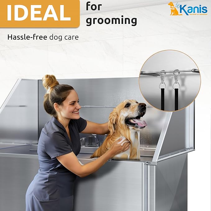 KANIS Professional Dog Washing Station - 304 Stainless Steel Pet Wash Sink &amp; Grooming Bath Tub for Home with Ramp, Shower, Floor Grate, Storage Shelf, Faucet, Drain Kit for Large, Medium &amp; Small Pets