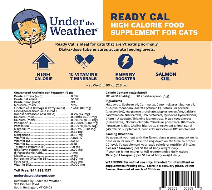 Under The Weather Pet | Ready Cal for Cats 100cc | High Calorie Supplement | Cat Weight Gainer and High Calorie Booster | 10 Vitamins, 7 Minerals &amp; Omega Fatty Acids (for Cats 100cc)