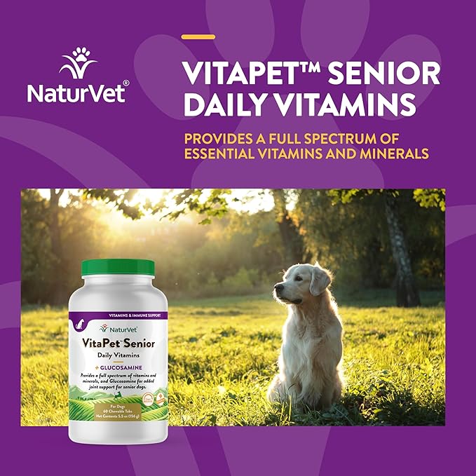 NaturVet –VitaPet Senior Daily Vitamins for Senior Dogs – Plus Glucosamine – Full Spectrum of Vitamins &amp; Minerals – Enhanced with Glucosamine for Added Joint Support – 60 Time Release Tablets