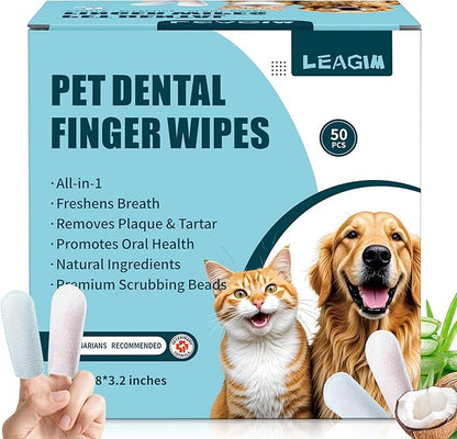 Dog Teeth Cleaning Wipes, Cat &amp; Dog Toothbrush Brushing Kit, Dog Tooth Finger Dental Wipes to Remove Tartar &amp; Plaque, Plant-Based Care Disposable Pet Wipes (50 Count, Uncented)