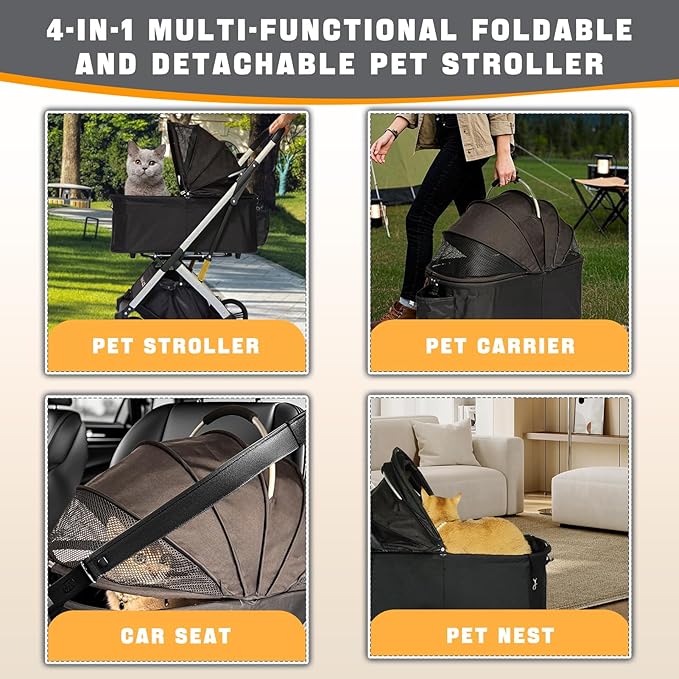 Pet Stroller for Small &amp; Medium Dogs Cats up to 55 lbs 4-in-1 Foldable Travel Pet Stroller with Detachable Carrier Lightweight All-Terrain Spring Damping,Car Seat,Sun Canopy,Black