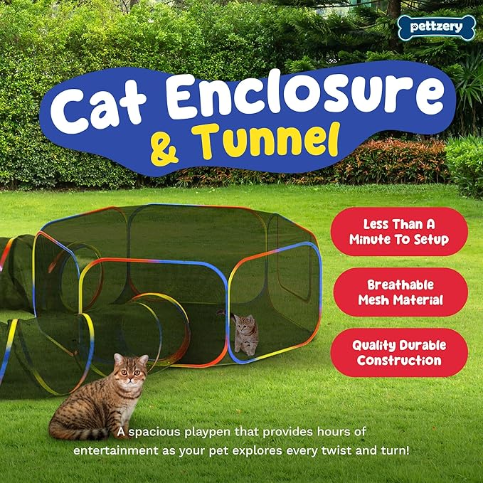 Outdoor Cat Enclosure - Portable Catio Playground for Cat Run, Kitty and Small Animals - Tent &amp; Tunnels for Outside and Indoor Play