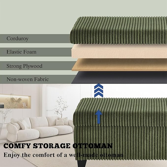 48" Green Ottoman with Storage, Corduroy Storage Ottoman Bench for Bedroom, End of Bed Bench with Safety Hinge for Living Room, Entryway