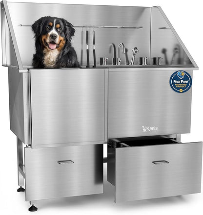 KANIS Professional Dog Washing Station - 304 Stainless Steel Pet Wash Sink &amp; Grooming Bath Tub for Home with Ramp, Shower, Floor Grate, Storage Drawers, and Faucet for Large, Medium &amp; Small Pets