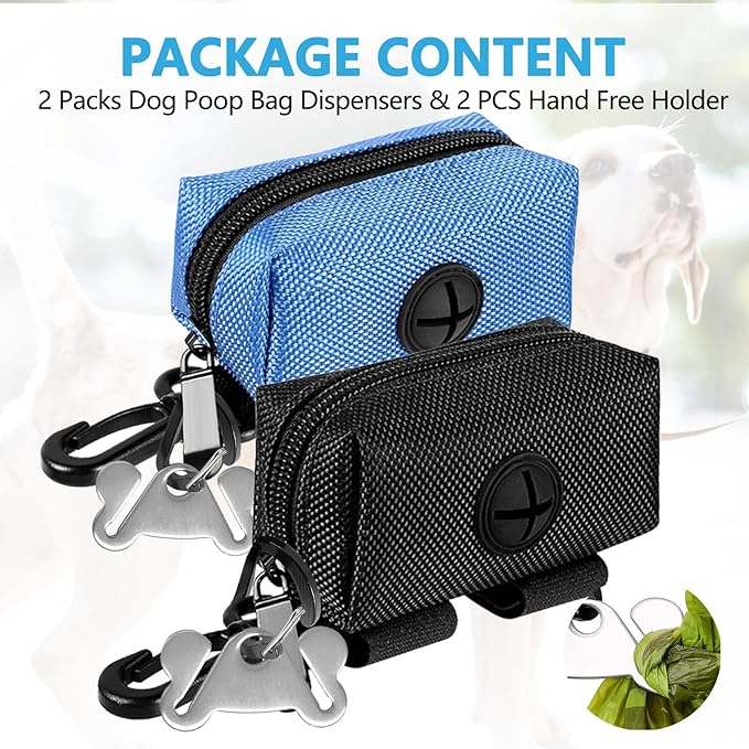 Dog Waste Bag Dispenser Pet Poop Bags Holder for Doggie Waste Bags Dispensers Soft Fabric Zipper Small Doggy Puppy Pouch for Leash Accessory Attachment with Carrier,2PCS Blue&amp;Black