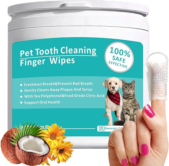 Teeth Cleaning Wipes for Pets 50Pcs ，Dog &amp; Cat Teeth Cleaning Wipes，Pet Teeth Cleaning Finger Mitt Dental Wipe，Pet Teeth Cleaning Finger Wipes，Natural Formula Finger Grooming Wipe for Pets