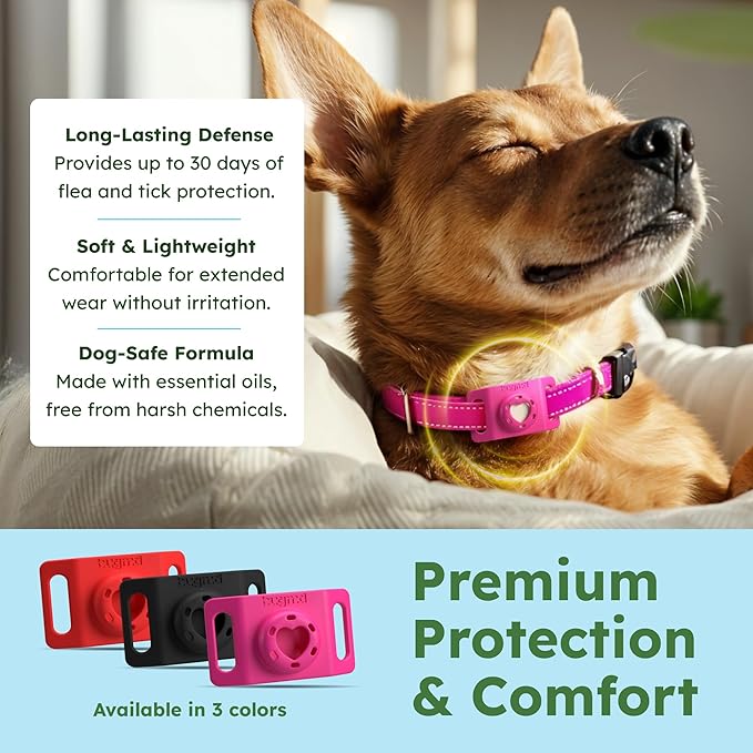 BugMD Paw Guardian Flea and Tick Prevention Pendant for Dogs with AirTag Holder | Plant-Powered Flea &amp; Tick Control for Dog Collars Harnesses | Dog Tag with Air Tag Holder - Pink
