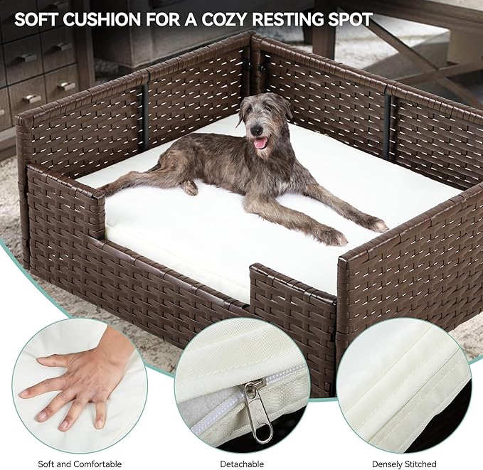 YITAHOME Rattan Dog Sofa Bed with Cushion, Wicker Pet Bed Sofa Couch Indoor Outdoor Waterproof for Large Medium Small Dogs Cats (34.6&