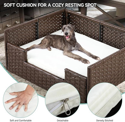 YITAHOME Rattan Dog Sofa Bed with Cushion, Wicker Pet Bed Sofa Couch Indoor Outdoor Waterproof for Large Medium Small Dogs Cats (34.6&