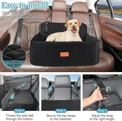 Dog Car Seat for Medium/Large Dogs, Pet Booster Seat for Under 55 lbs or 2 Small Dogs, Detachable &amp; Washable Dog Car Bed for Backseat with 2 Safety Leashes(Black)