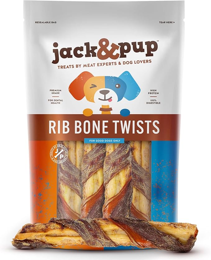 Jack&amp;Pup Twist Beef Rib Bones for Dogs, 7" Beef Rib Bone Small Dog Bones for Puppies with Beef Jerky Twist for Flavor and Fun - Healthy Dog Bones Rib Small Dog Chew Bones (4 Count)