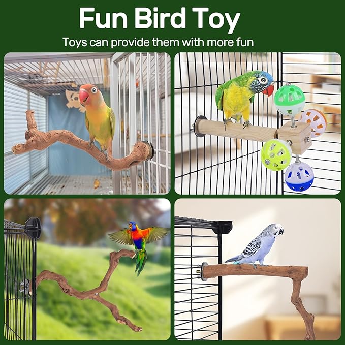 4-Piece Bird Perch Set with Rotating Ball Stand - Natural Wood Bird Gym &amp; Playground for Parrots, Cockatiels, Budgies