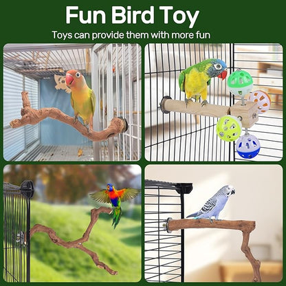 4-Piece Bird Perch Set with Rotating Ball Stand - Natural Wood Bird Gym &amp; Playground for Parrots, Cockatiels, Budgies