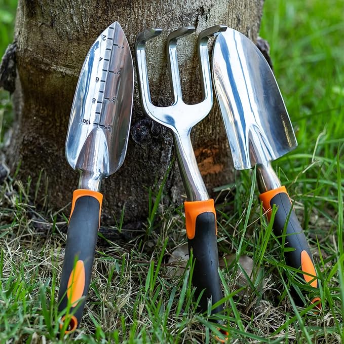 ESOW Garden Tool Set 7 PCS, Includes Cast-Aluminum Heavy Duty Hand Trowel, Transplant Trowel, Hand Rake, SK-5 Steel Gardening Scissor, Plant Tie, Bag &amp; Gloves, Tool Kit Gifts