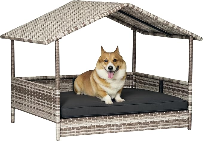 PawHut Wicker Dog House Outdoor with Canopy, Rattan Dog Bed with Water-Resistant Cushion, Raised Dog Bed for Small, Medium Dogs up to 66 lbs, 19.75" in Length, Gradient Gray Wicker &amp; Cushion