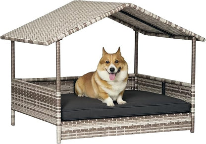 PawHut Wicker Dog House Outdoor with Canopy, Rattan Dog Bed with Water-Resistant Cushion, Raised Dog Bed for Small, Medium Dogs up to 66 lbs, 19.75" in Length, Gradient Gray Wicker &amp; Cushion