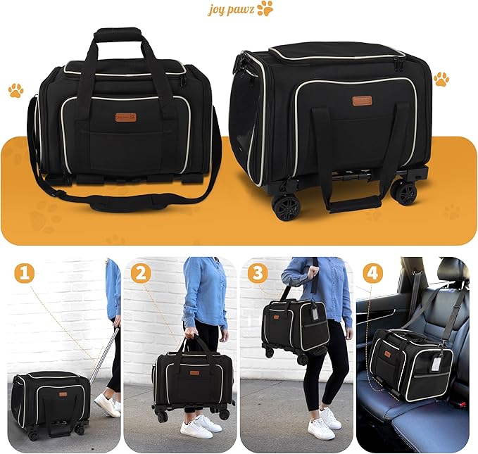 Pet Carrier for Travel - Small Dogs/Cats - 15 LBS MAX Dogs/Cats Expandable - Airline Approved &amp; Roomy - Premium Pets Carrier with Wheels - Cozy Soft-Lined Travel Carrier - Stylish Black Design