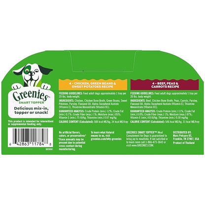 Greenies Smart Topper High Protein Wet Mix-in for Dogs, Chicken, Green Beans, and Sweet Potatoes Recipe &amp; Beef, Peas, and Carrots Recipe Variety Pack, 8 Trays of 2oz.