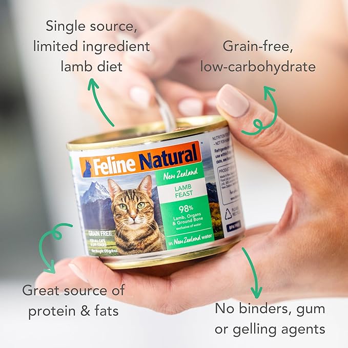 Feline Natural New Zealand Canned Catfood Wet Food, High-Meat, Low-Carb, &amp; Grain Free Cat Food Wet, Lamb Feast, 6 oz, Pack of 12