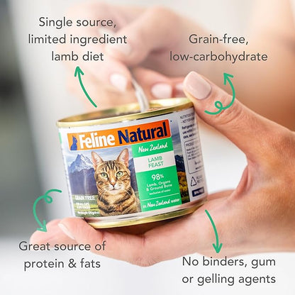 Feline Natural New Zealand Canned Catfood Wet Food, High-Meat, Low-Carb, &amp; Grain Free Cat Food Wet, Lamb Feast, 6 oz, Pack of 12