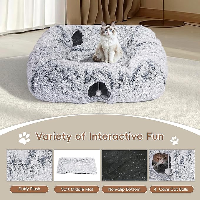 Extra Large Cat Tunnel Bed, 4 Ways Tunnels for Indoor Cats, Multi-cat Family Peekaboo Cave &amp; Cat Bed, Plush Cat Donut with Washable Middle Mat, Exit Balls, Pet Play Toy for Kitten Puppy Rabbit