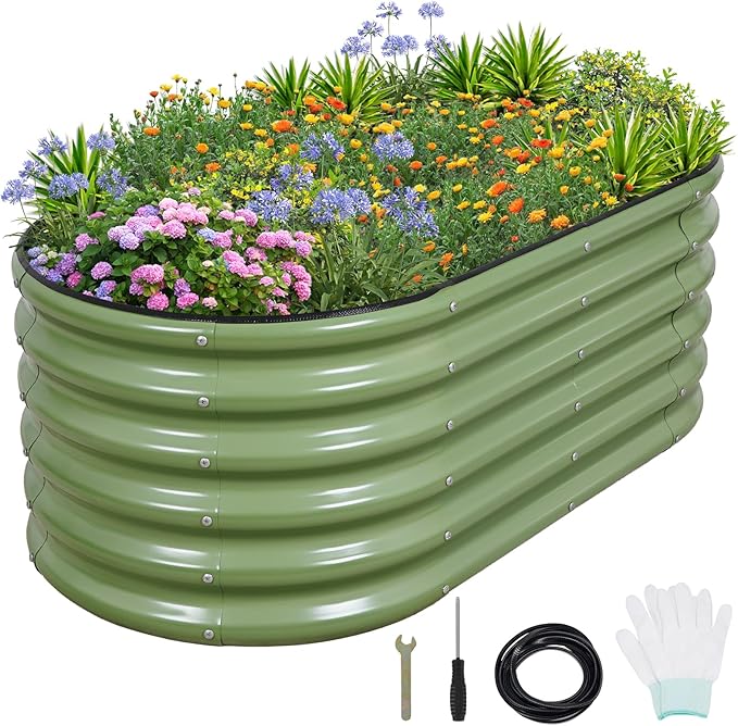 1MORE Galvanized Raised Garden Bed- Planter Garden Boxes Outdoor, Raised Beds for Gardening, 4x2x1.4ft Metal Garden Bed Kit for Vegetables Flower, Planter Raised Bed with Protective Tape &amp; Tools.Green