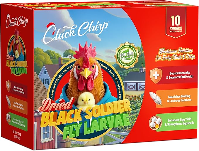 Dried Black Soldier Fly Larvae, Non-GMO, Natural Chicken Treats &amp; High-Protein Poultry Snacks for Backyard Chickens, Laying Hens &amp; Ducks, 10 lb Box