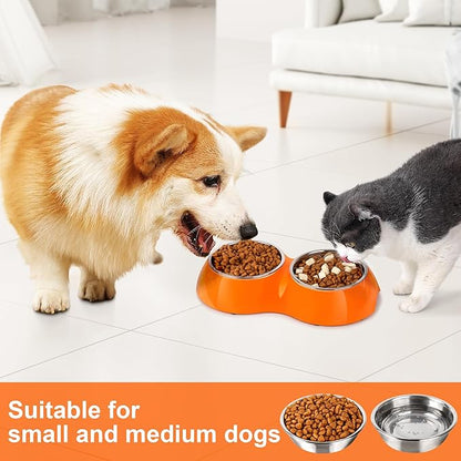 Elevated Dog Bowls Set - Non-Slip Raised Pet Feeder with Medium (10 oz) &amp; Large (20 oz) Stainless Steel Bowls - Includes Durable Resin Stand for Puppies, Adult Dogs &amp; Cats - Orange