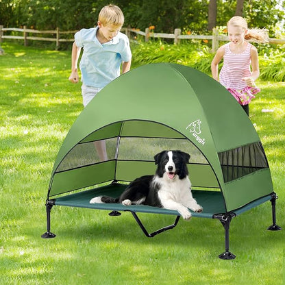 Upgraded Elevated Dog Bed with Canopy, Portable Raised Outdoor Dog Bed with Stable Anti-Slip Feet, Wider Shade Pet Bed Cot, Raised Dog Beds for Large Pets Camping, Indoor &amp; Outdoor Use