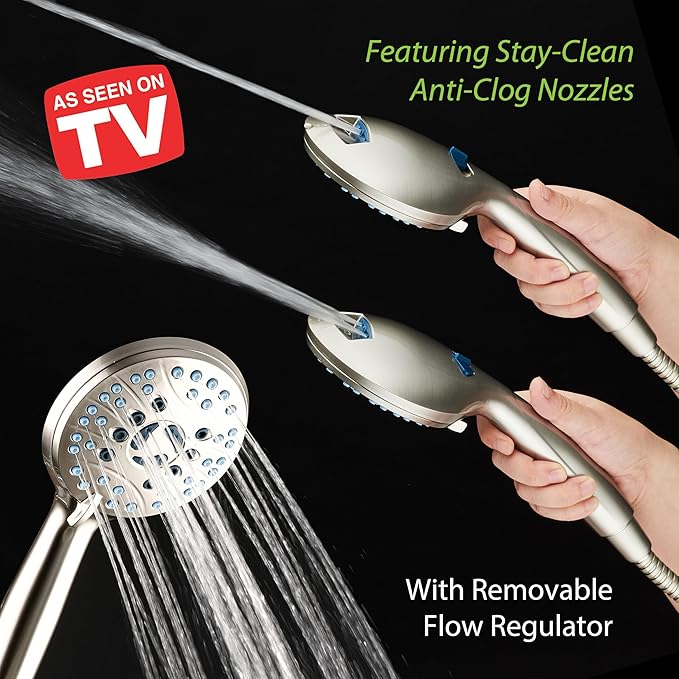 Hotel Spa AquaCare High Pressure 8-mode Handheld Shower Head, Anti-clog Nozzles, Built-in Power Wash to Clean Tub, Tile &amp; Pets, Extra Long 6 ft. Stainless Steel Hose, Wall &amp; Overhead Brackets