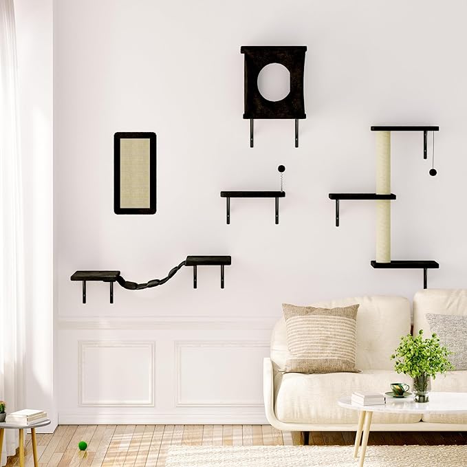 NUNU LAB Wall Mounted Cat Furniture, 5 Pcs Cat Wall Shelves with House, Bridge, Steps, Scratching Post, Shelves, Indoor Safe &amp; Stable Furniture for Kittens Play, Black