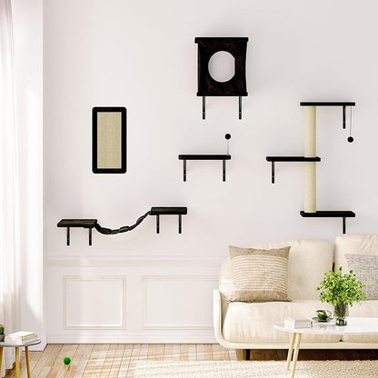 NUNU LAB Wall Mounted Cat Furniture, 5 Pcs Cat Wall Shelves with House, Bridge, Steps, Scratching Post, Shelves, Indoor Safe &amp; Stable Furniture for Kittens Play, Black