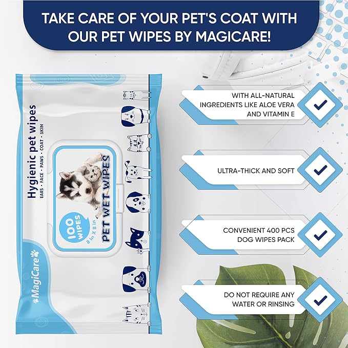 MAGICARE Pet Wipes – 400 pcs Dog Wipes – 8x8 Inch Unscented Dog Paw Cleaner Wipes for Body, Ears, Face, and Skin – Ultra Thick &amp; Soft with Hypoallergenic Formula – Ideal Pet Wipes for Dogs &amp; Cats