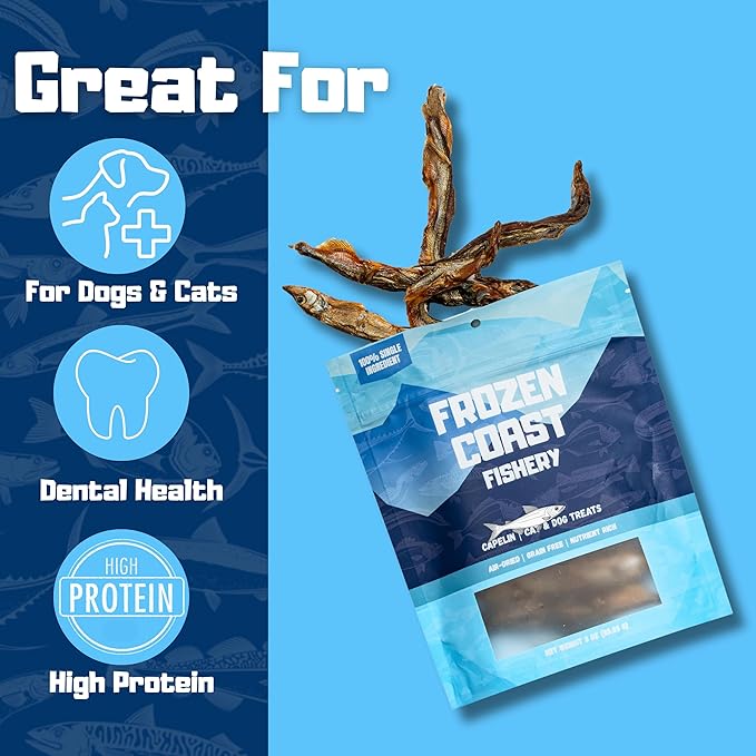 Frozen Coast Capelin Cat &amp; Dog Treats- Single-Ingredient, All-Natural, High-Protein, Omega-3s, Fish Snacks (3 oz Bag)