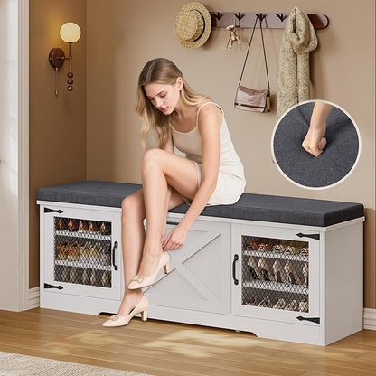 Farmhouse Storage Bench with Flip Drawers &amp; Padded Seat Cushion, Half Hidden Shoe Rack Organizer, Adjustable Shelf Shoe Cabinet for Large Family, Entryway, Bedroom, Living Room (White)