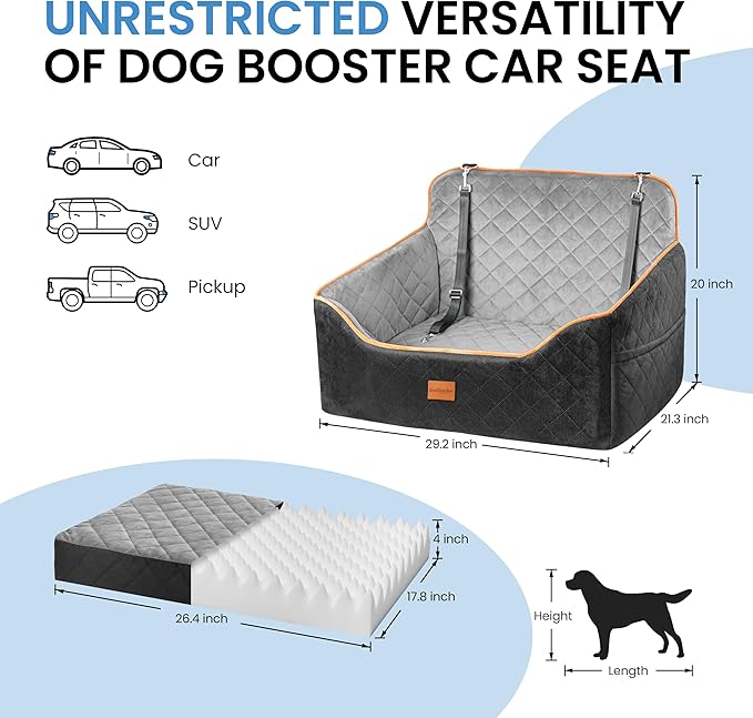 Dog Car Seat for Medium Dogs - Pet Car Seat with 2 Safety Straps &amp; Waterproof Padding, Portable Pet Carrier for Cars, Trucks &amp; SUVs, Comfortable Booster Bed for Pets Up to 55lbs (Black/Grey)