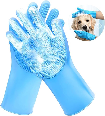 Pet Grooming Gloves，Heat-Resistant Silicone Gloves with High-Density Teeth for Enhanced Massaging and Bathing of Dogs and Cats (Blue, 1 Pair)