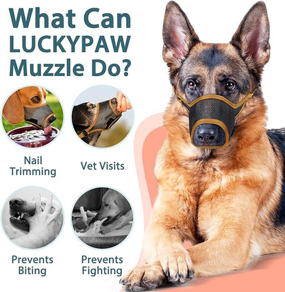 LUCKYPAW Dog Muzzle, Mesh Muzzle for Large Medium Small Dogs, Soft Mouth Guard for Biting Chewing, Breathable Mouth Guard with Adjustable Strap for Training(Brown, L(Snout:9.75"-11"))