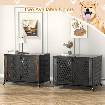 42" Heavy Duty Dog Crate Furniture for Medium and Large Dogs, Enclosed Design with 0.5 inch Holes, Indestructible Metal Kennel for High Anxiety Dogs, Chew Proof Indoor Pet House Cage, Gray