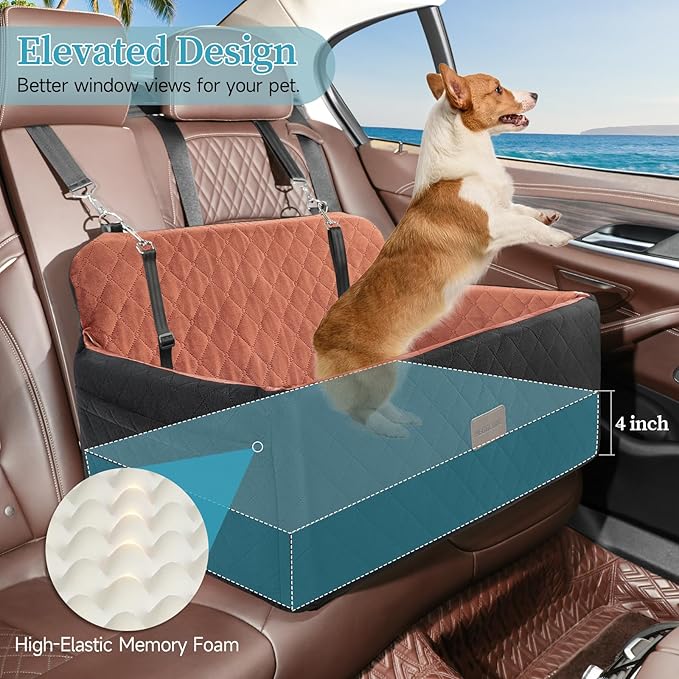 Dog Car Seat for Medium/Large Dogs, Pet Booster Seat for Under 55 lbs or 2 Small Dogs, Detachable &amp; Washable Dog Car Bed for Backseat with 2 Safety Leashes(Black/Brown)