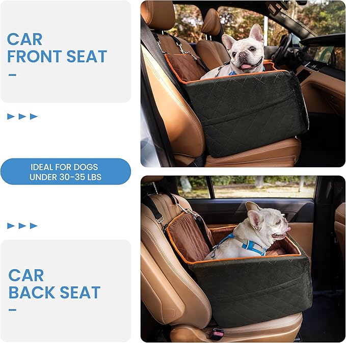 Dog Car Seat for Small Dogs - Puppy Car Seat with Safety Strap &amp; Waterproof Padding, Portable Pet Carrier for Cars, Trucks &amp; SUVs, Comfortable Elevated Bed for Pets Up to 35lbs (Black/Coffee)