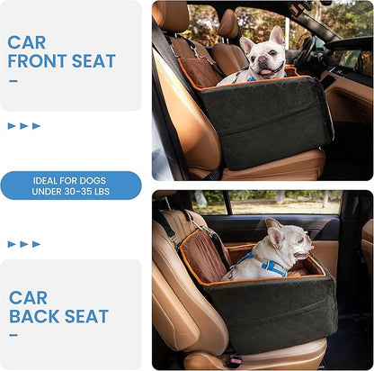 Dog Car Seat for Small Dogs - Puppy Car Seat with Safety Strap &amp; Waterproof Padding, Portable Pet Carrier for Cars, Trucks &amp; SUVs, Comfortable Elevated Bed for Pets Up to 35lbs (Black/Coffee)