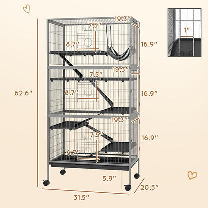 PawHut 63" 6-Tier Small Animal Cage, Ferret Cage, Large Chinchilla Cage with Hammock Accessory &amp; Heavy-Duty Steel Wire, Small Animal Habitat with 6 Doors, Removable Tray, Gray