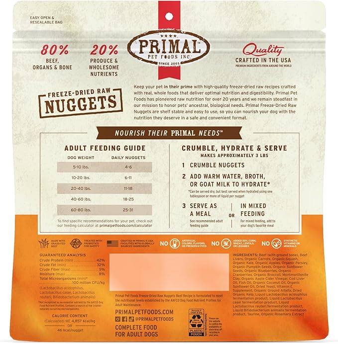 Primal Freeze Dried Raw Dog Food Nuggets, Beef, Complete &amp; Balanced Meal, Also Use as Topper or Treat, Premium, Healthy, Grain Free, High Protein Raw Dog Food, 14 oz (Pack of 2)