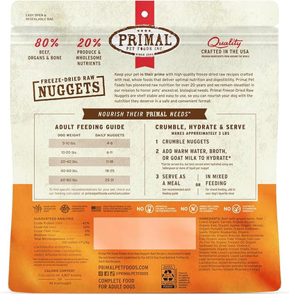Primal Freeze Dried Dog Food Nuggets, Beef; Complete &amp; Balanced Meal; Also Use as Topper or Treat; Premium, Healthy, Grain Free, High Protein Raw Dog Food, 14 oz (Pack of 4)